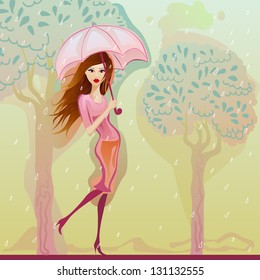 pretty girl with pink umbrella walking in the rain