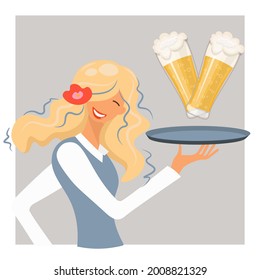 Pretty girl with a playful smile serves beer. Waitress effectively holds a tray. Blonde with two glasses of beer. Oktoberfest day. Vector for advertising, menus of restaurants, bars. Cartoon style.