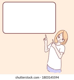 Pretty girl pointing fingers to white blank. Hand drawn character flat style vector.