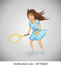 Pretty girl in a polka-dot dress playing tennis. Summer fun. Vector illustration.