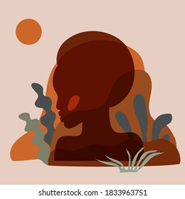 Pretty girl portrait. Black woman face profile, geometric, natural shapes, minimal fashion, boho concept Abstract tropical leaves, person in neutral colors. Vector illustration