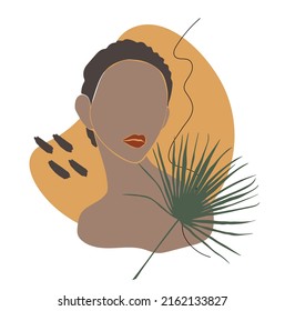 Pretty girl portrait. Black woman face profile, geometric, natural shapes, minimal fashion, boho concept Abstract tropical leaves, person in neutral colors. Vector illustration