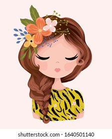 Pretty girl portrait with flowers, lovely illustration, fashion textile artworks, t shirt prints, children graphics, birthday cards.