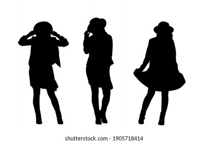 Pretty girl posing vector silhouette. Beautiful woman in dress illustration isolated on white background.