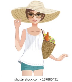 Pretty girl posing in a wide brimmed straw hat. File contains clipping mask, Gradients, Transpaency.