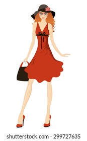 Pretty girl posing in a wide hat. Vector illustration.