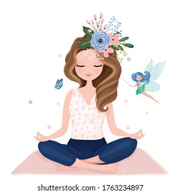 Pretty girl practicing yoga with little fairy vector illustration.