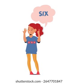 Pretty girl of preschool age counting six gesturing numeral by fingers standing isolated on white background. Positive preschooler character enjoying playful arithmetic practice vector illustration