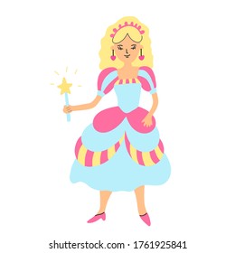 Pretty girl princess. Beautiful dress, a crown and a magic wand with a flower. Hand drawn vector illustration  isolated on white background. Great for kid products design.