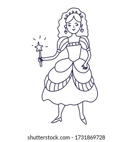 Pretty girl princess in doodle style. Beautiful dress, a diadem and a magic wand with a shining star. Hand drawn vector illustration in black ink isolated on white background. Great for coloring book.