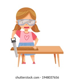 Pretty Girl in Protective Goggles at Table Woodworking Sawing Timber Plank with Saw Vector Illustration