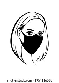 Pretty Girl in a protective mask. Black and white illustration.