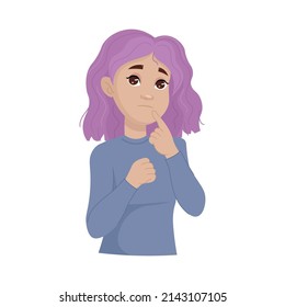 a pretty girl with purple hair, looking away, thinking and doubting something