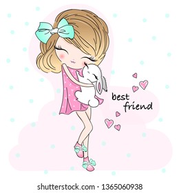 Pretty girl with pretty rabbit in hand, cute fashion girlfriend. Vector illustration - Vector