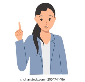 Una chica guapa levantó el dedo índice. Ilustración sobre inspiración e ideas para negocios, marketing, CEO