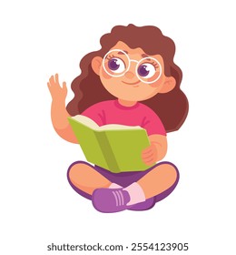 Pretty Girl Reading Book Engaged in Recreation Activity Vector Illustration