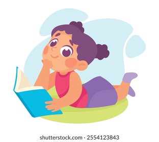 Pretty Girl Reading Book Lying on Floor Vector Illustration