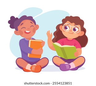 Pretty Girl Reading Book Sitting Cross Legged Vector Illustration