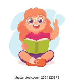 Pretty Girl Reading Book Sitting Cross Legged Vector Illustration