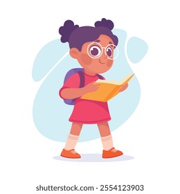 Pretty Girl Reading Book Walking with Backpack Vector Illustration