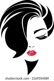 Pretty girl with red lips and modern short haircut