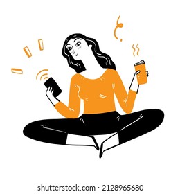 Pretty girl relaxing holding a cup of coffee to work on her mobile phone. Hand drawing vector illustration line art.