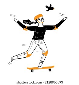 Pretty girl relaxing skateboarding. Hand drawing vector illustration line art.