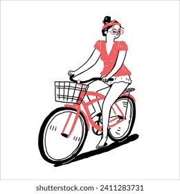 Pretty girl riding a bicycle in casual clothes. Hand drawn vector illustration line art doodle style.