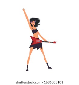 Pretty Girl Rock Star Playing Electric Guitar Vector Illustration