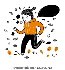 Pretty girl running exercise in the cold weather in winter. Collection of hand drawn, Vector illustration in sketch doodle style.