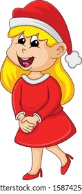 Pretty girl with santa claus outfit - Merry Christmas - cartoon vector illustration