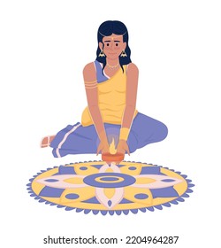 Pretty girl in sari putting candle on rangoli semi flat color vector character. Editable figure. Full body person on white. Simple cartoon style illustration for web graphic design and animation