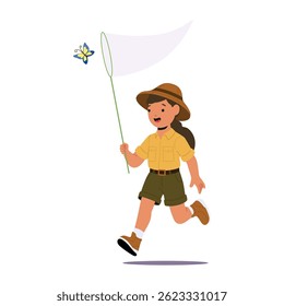 Pretty girl scout cartoon character holding net running trying to catch butterfly isolated on white background. Little female child enjoying safari adventure and camping on nature vector illustration
