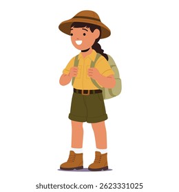 Pretty girl scout cartoon character wearing uniform carrying backpack behind back portrait isolated on white background. Female child enjoying safari adventure survival trip vector illustration