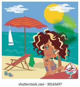 A pretty girl in the sea-shore bar is going to eat an ice-cream, as a backstage -  the sky, the sea, the beach