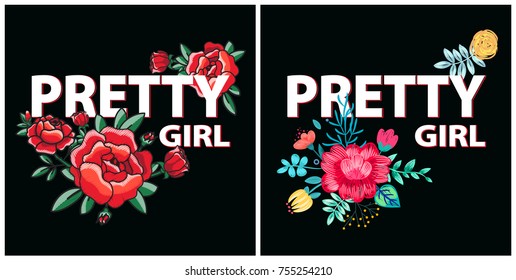 Pretty girl, set of posters with red roses in bloom, depicted with black contours, title and flowers on vector illustration isolated on black