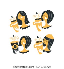 Pretty girl. Set of vector characters. A Cup of hot tea or coffee on a cold winter day. Isolated on white background. Perfect for decorating coffee shops, shop windows and mugs.