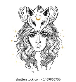 Pretty girl in a shaman headdress with a fox. Vector hand drawn illustration on white background