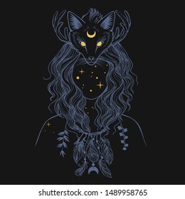 Pretty girl in a shaman headdress with a fox. Vector hand drawn illustration on black background