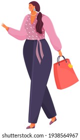 Pretty girl shopper holds package vector illustration. Young fat woman with pink paper bag walking