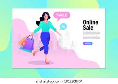 Pretty girl with shopping bags. Woman use online shopping services. Smartphone marketing and e-commerce. Vector illustration.