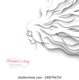 Pretty girl silhouette with paper cut long hair on white background. Vector Illustration. 8 March, International Womens Day.