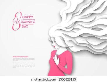 Pretty girl silhouette with paper cut long hair on white background. Vector Illustration. 8 March, International Womens Day.