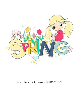 The pretty girl sitting on the colored word "Spring". Vector illustration.