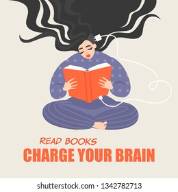 Pretty girl sitting and reading a book. A conceptual image of the benefits of reading for brain development. Vector illustration in cartoon style.