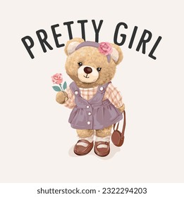 eslogan de chica guapa con adorable muñeca de oso en estilo de moda vintage sosteniendo ilustración de vector de rosa