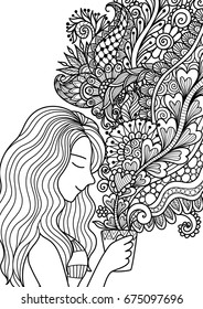 Pretty girl smell the floral coffee smoke for design element and adult or kids coloring book pages. Vector illustration.