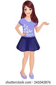 Pretty girl standing, dressed nicely.