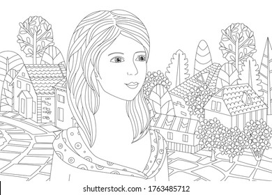 pretty girl standing and looking away against  cute cityscape for your coloring book