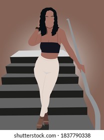 Pretty girl standing on stairs while posing with brownish background
